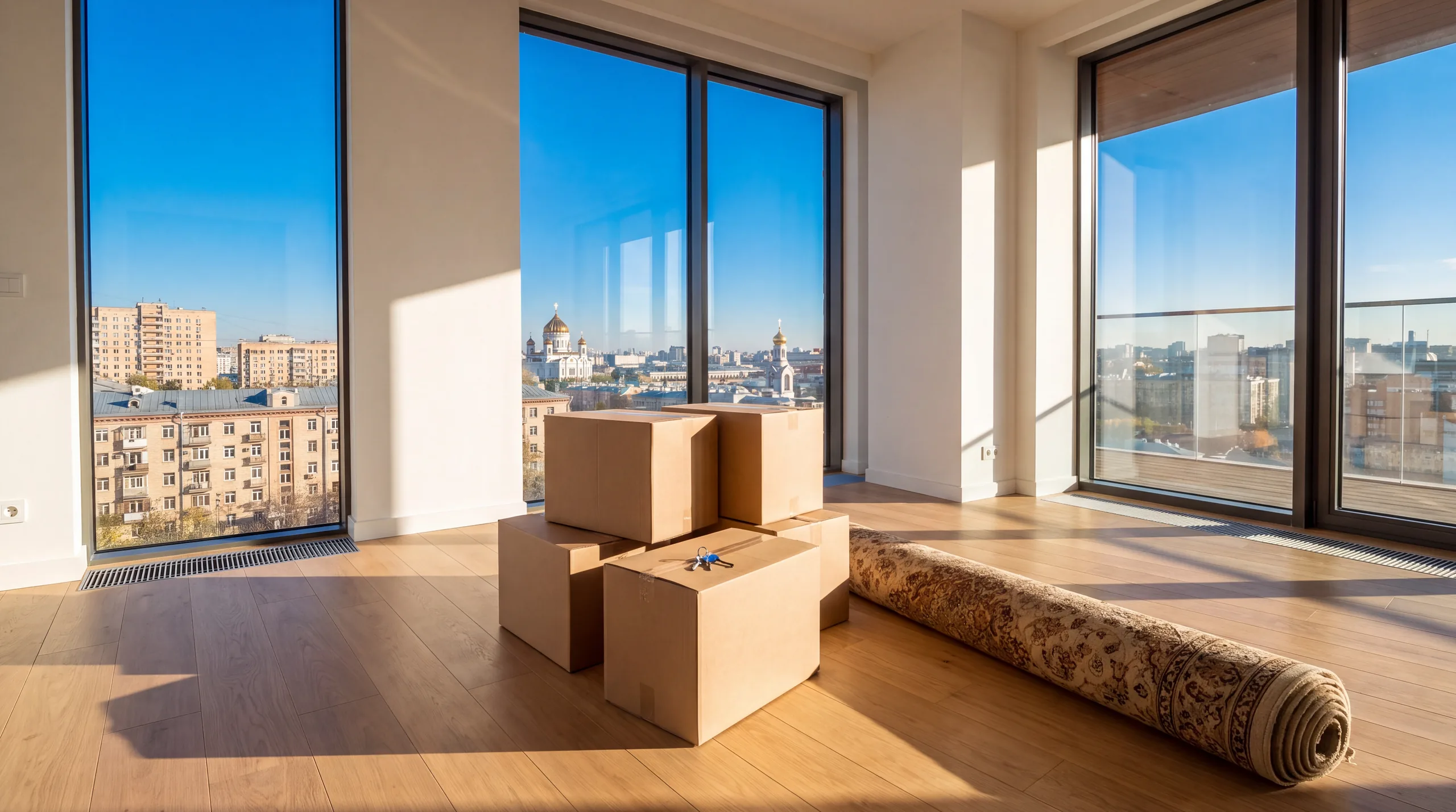 An empty, bright apartment with moving boxes